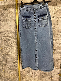 Düğme detaylı önü dikişli kot etek